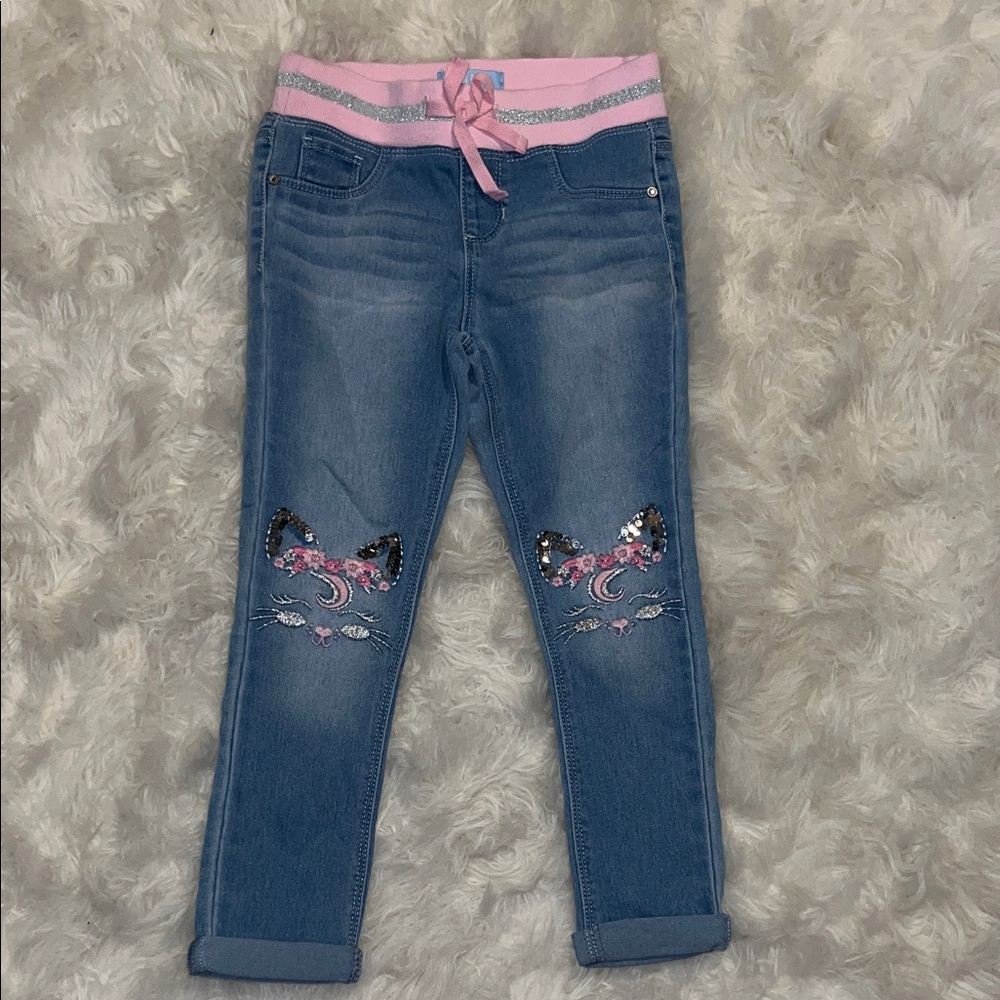 Charming Kids' Blue Jeans with Pink and Sequin Details